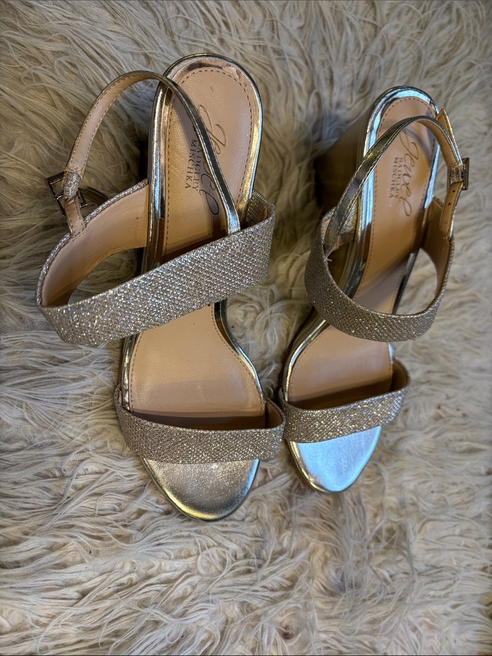 Jewel Badgley Mischka Glitter Gold Slingback Block Heels